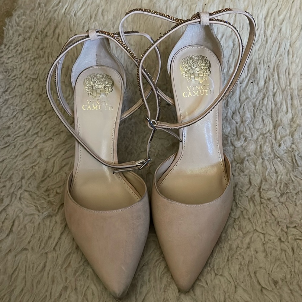 Vince Camuto taupe ankle wrap heels,suede